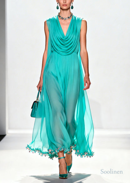 Boutique Blue Turtle Neck Patchwork Flower Lace Chiffon Maxi Dress Summer