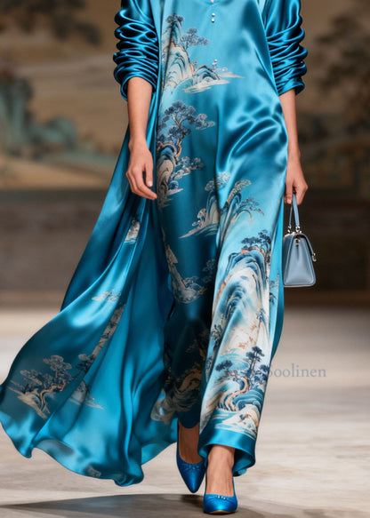 Boutique Blue V Neck Print Silk Long Dress Summer