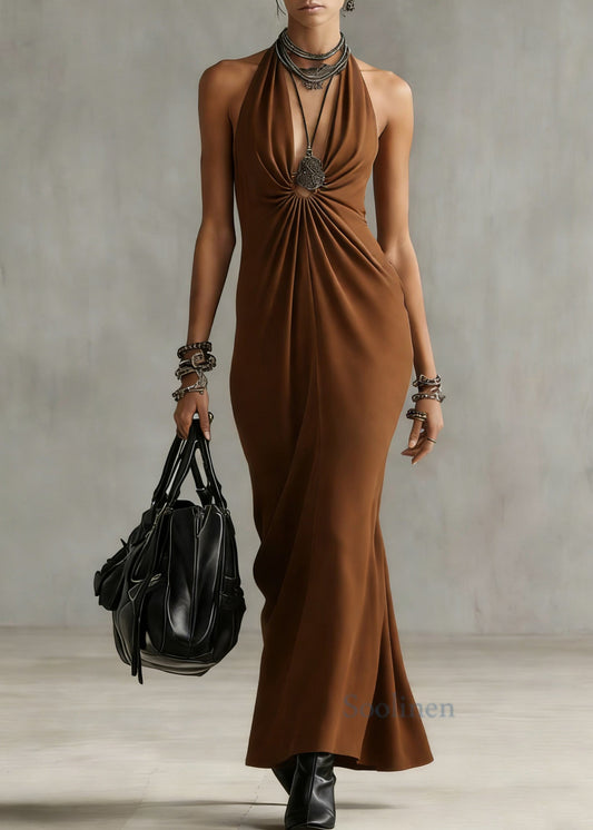 Boutique Brown Hollow Out Wrinkled Maxi Dress Sleeveless