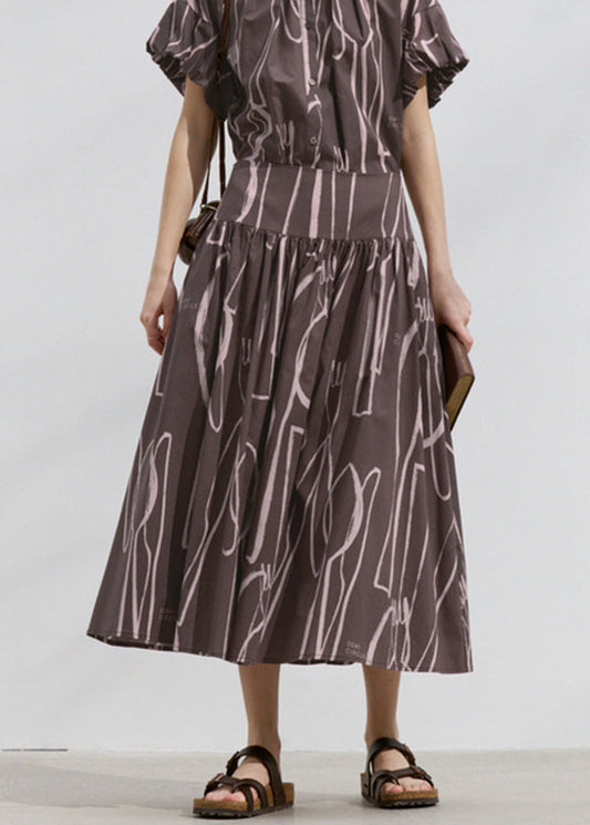 Boutique Brown Wrinkled Print Patchwork Cotton Skirts Summer