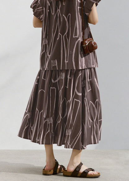 Boutique Brown Wrinkled Print Patchwork Cotton Skirts Summer