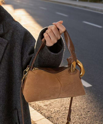 Boutique Camel Solid Durable Patchwork Fine Suede Tote Handbag