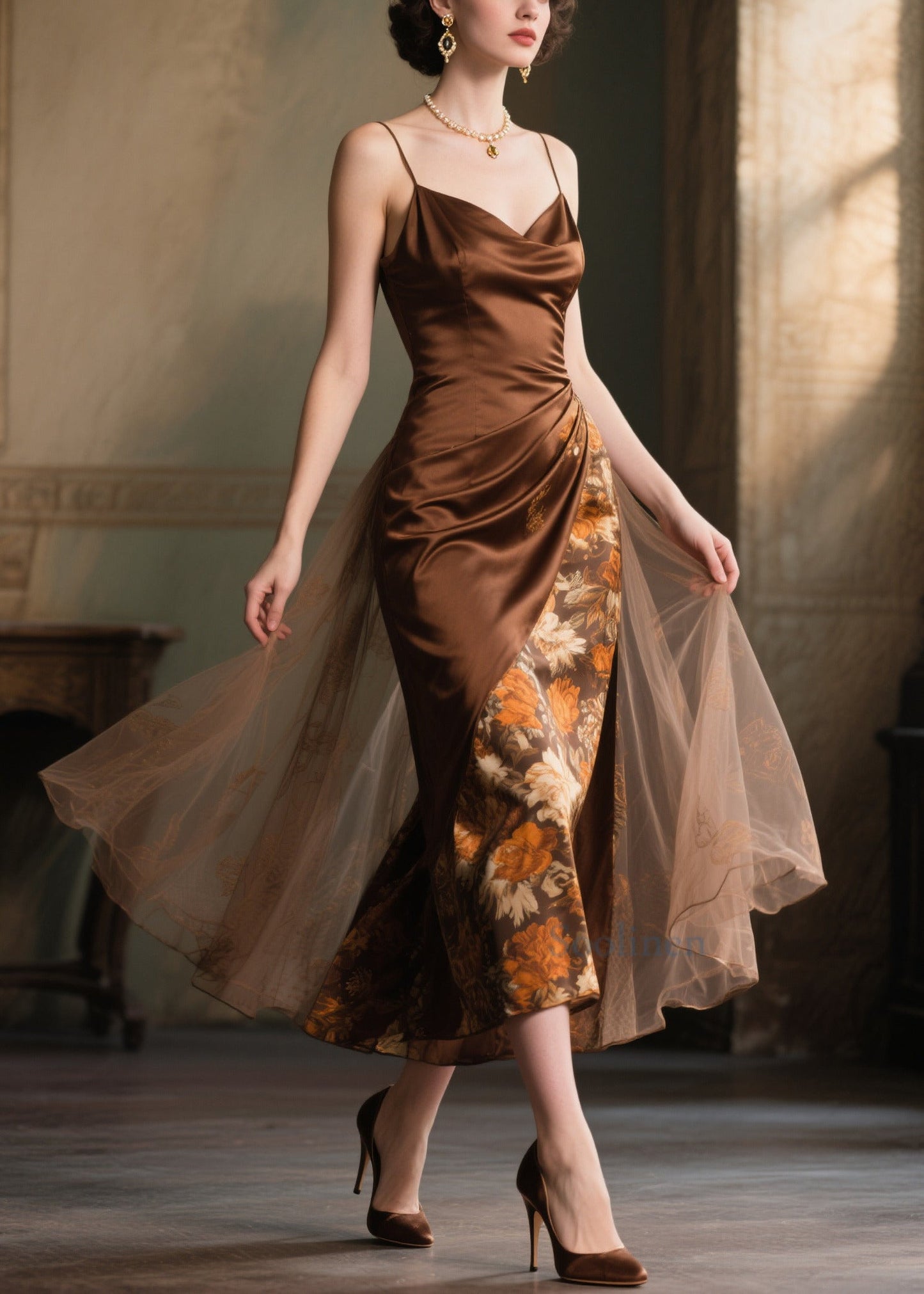 Boutique Chocolate Print Patchwork Tulle Cami Dress Summer