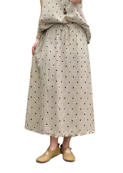 Boutique Coffee Dot Ruffled Pockets Patchwork Linen Skirts Summer