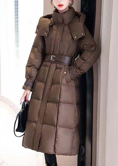 Boutique Coffee Hooded Sashes Duck Down Puffer Coat Winter