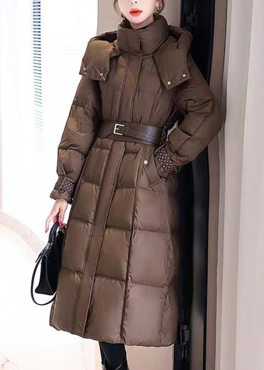 Boutique Coffee Hooded Sashes Duck Down Puffer Coat Winter