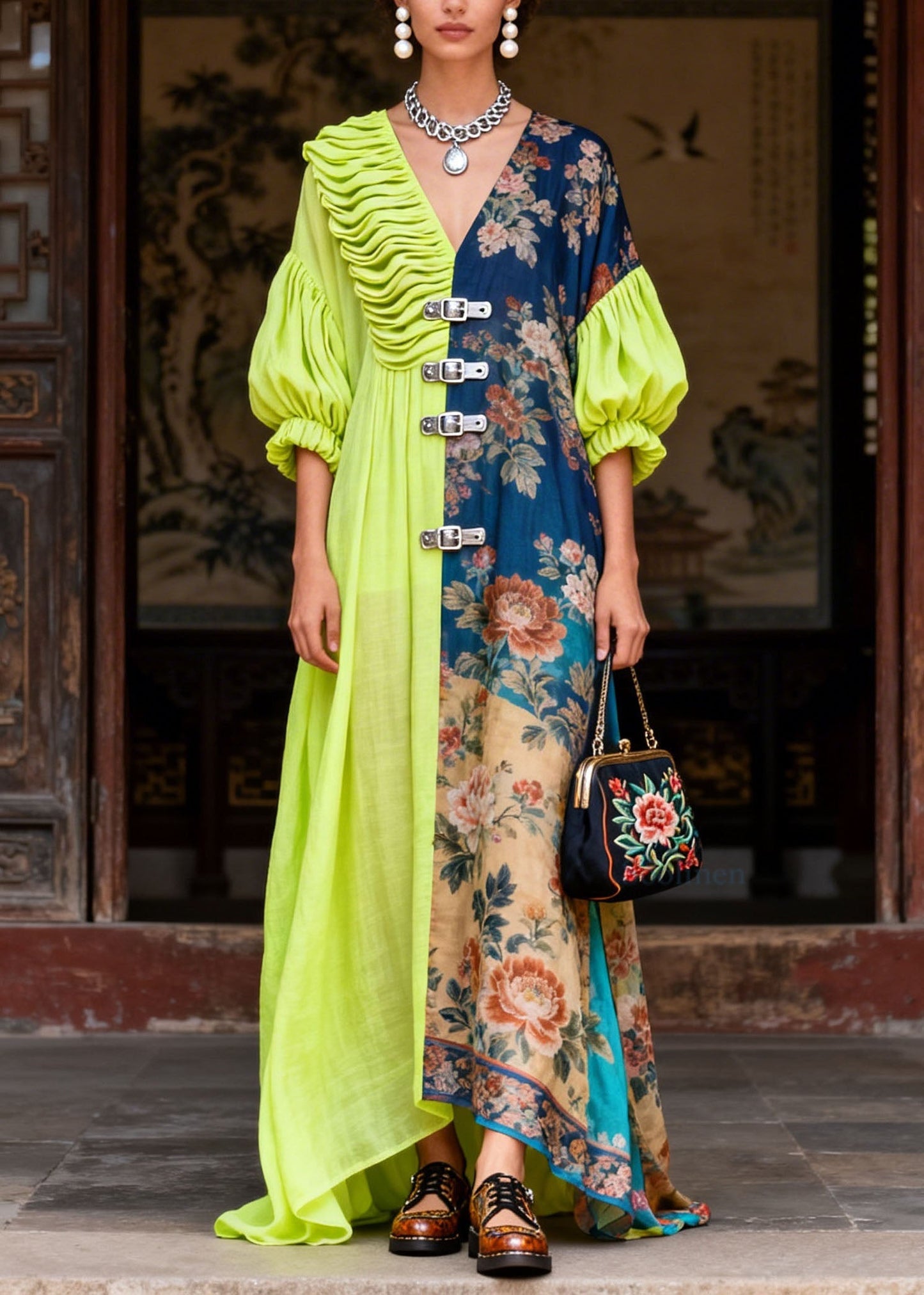 Boutique Colorblock V Neck Wrinkled Patchwork Cotton Robe Dresses Summer