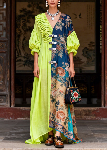 Boutique Colorblock V Neck Wrinkled Patchwork Cotton Robe Dresses Summer