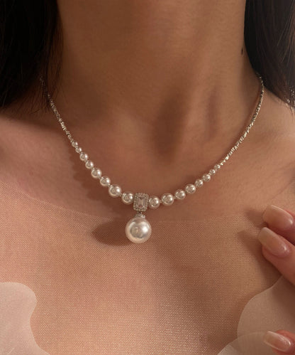 Boutique Gradient Size Beaded String Zircon Small Square Silver Choker