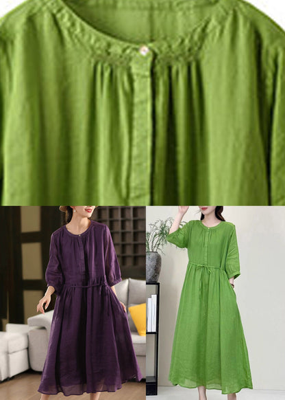 Boutique Green O-Neck Patchwork Solid Linen Long Dress Half Sleeve