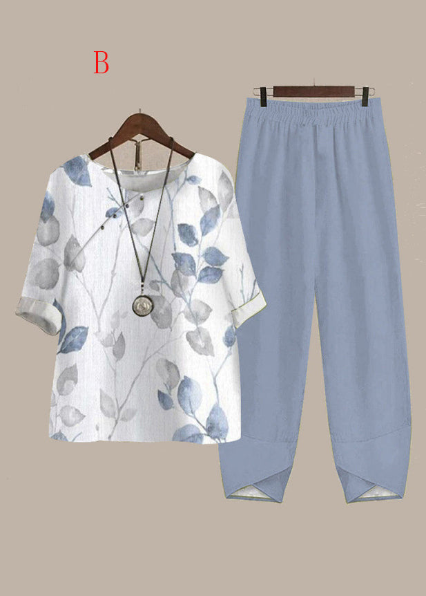 Boutique Green O Neck Print Cotton Two Pieces Set Summer