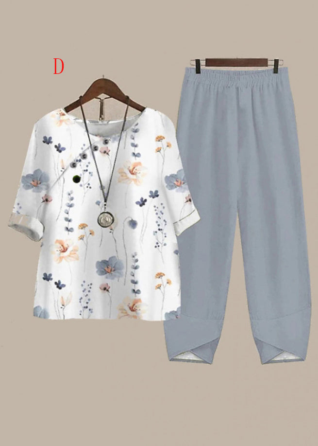 Boutique Green O Neck Print Cotton Two Pieces Set Summer
