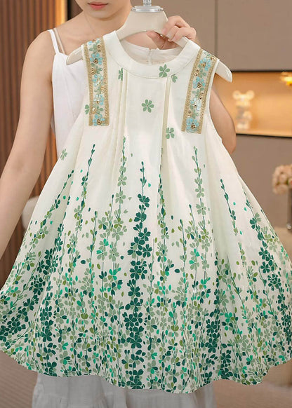 Boutique Green O-Neck Print Girls Maxi Dress Summer