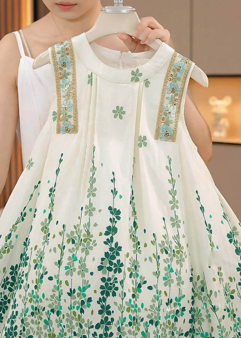 Boutique Green O-Neck Print Girls Maxi Dress Summer