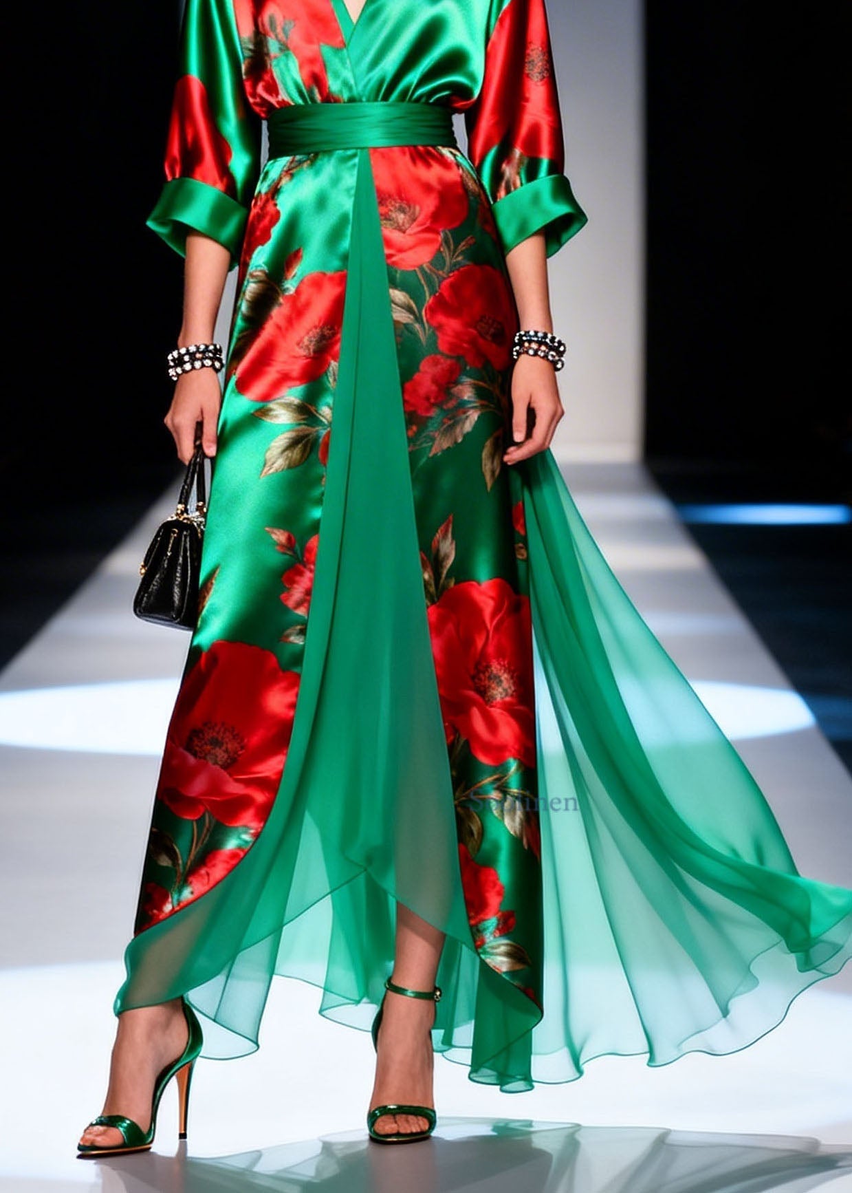 Boutique Green V Neck Print Chiffon Long Dresses Summer