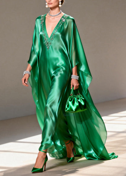Boutique Green V Neck Zircon Silk Long Dress Spring