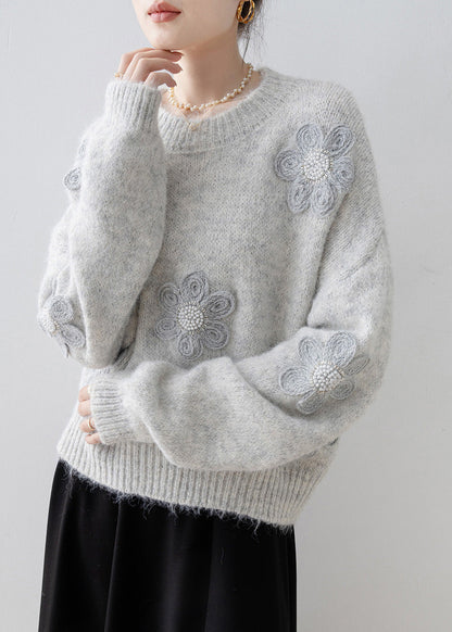 Boutique Grey O Neck Floral Nail Bead Knit Sweater Tops Spring