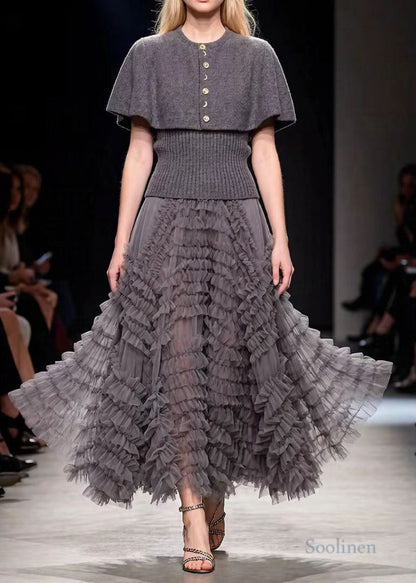 Boutique Grey Shawl Knit Pullover And Tulle Skirt Two Pieces Set Spring