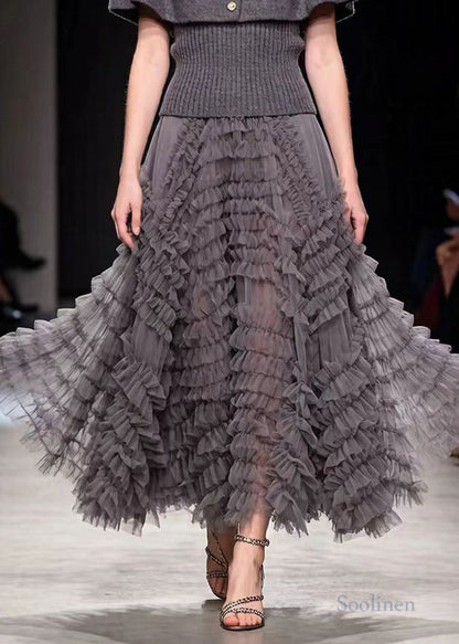 Boutique Grey Shawl Knit Pullover And Tulle Skirt Two Pieces Set Spring