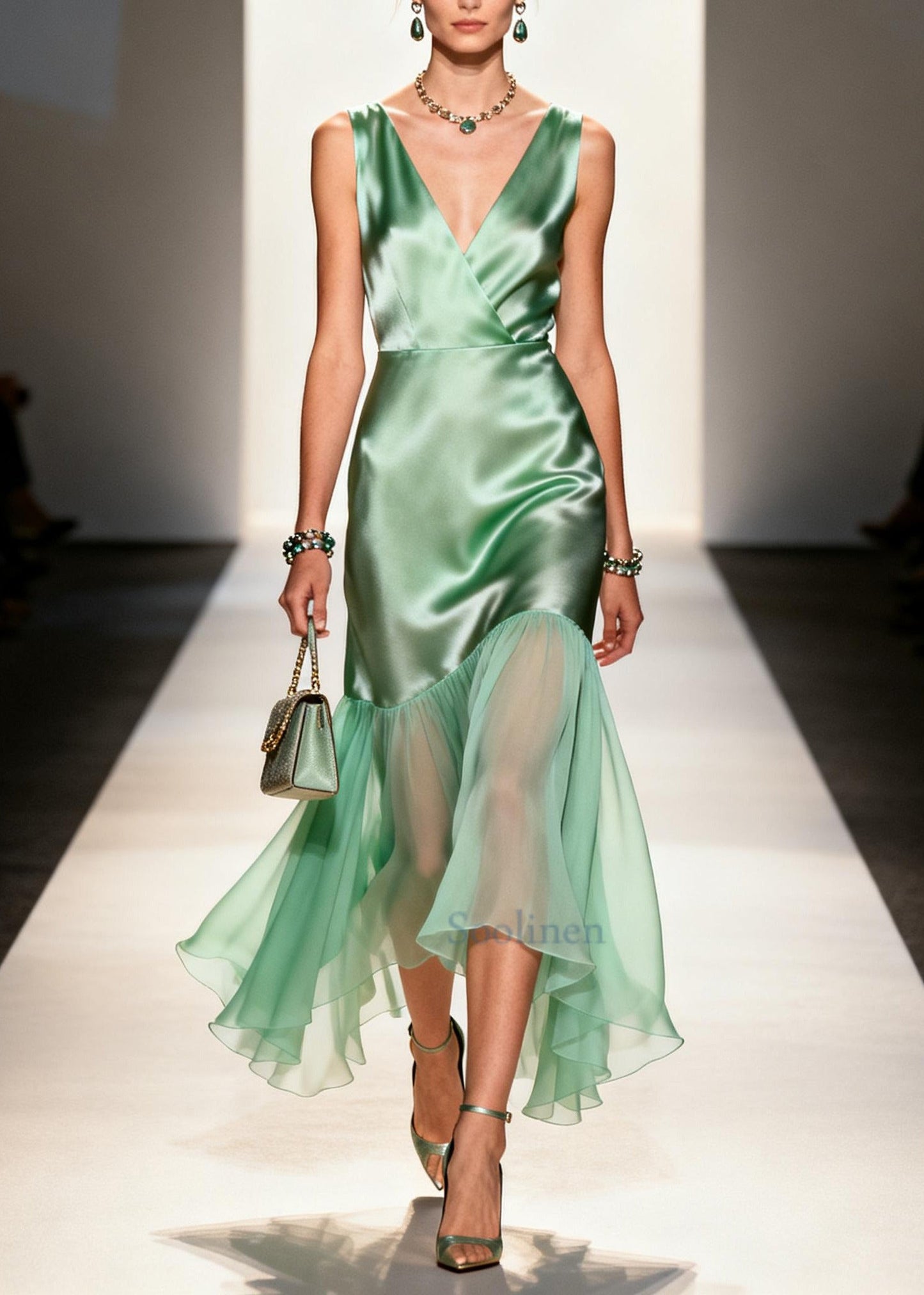 Boutique Light Green V Neck Patchwork Tulle Long Dresses Summer
