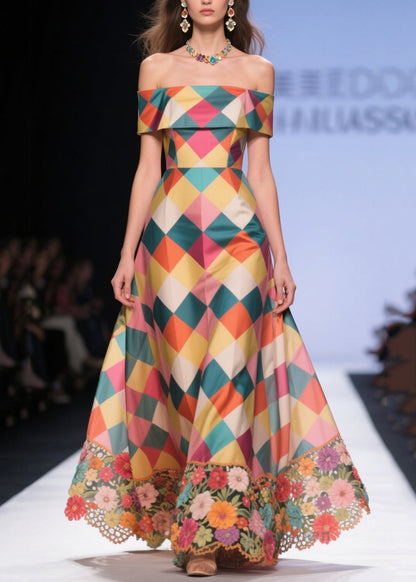 Boutique Multicolor Plaid Patchwork Embroidered Flower Silk Strapless Dress Summer