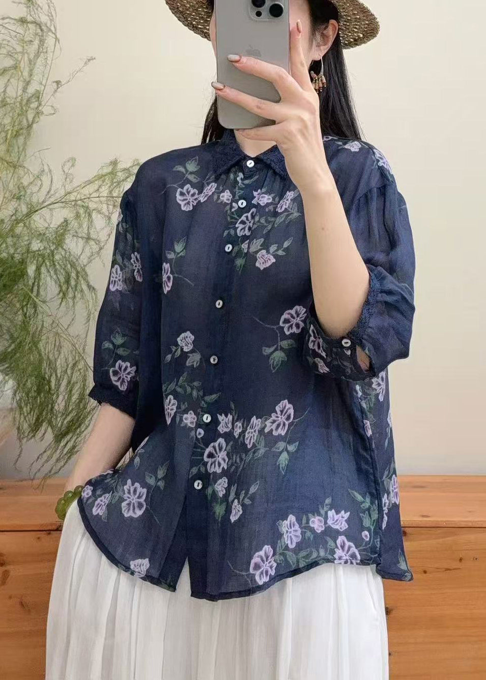 Boutique Navy Oversized Print Linen Top Summer
