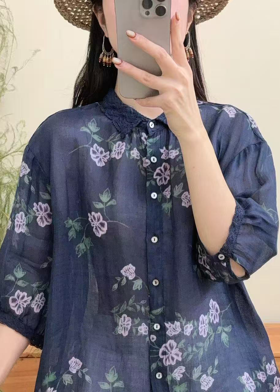 Boutique Navy Oversized Print Linen Top Summer