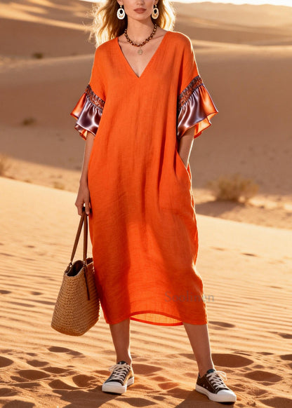 Boutique Orange Oversized Patchwork Cotton Holiday Dresses Summer