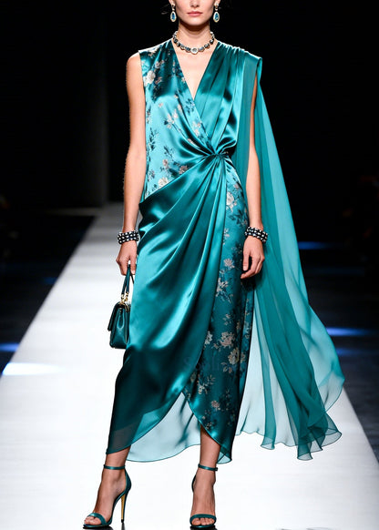 Boutique Peacock Green Asymmetrical Design Print Chiffon Dresses Summer