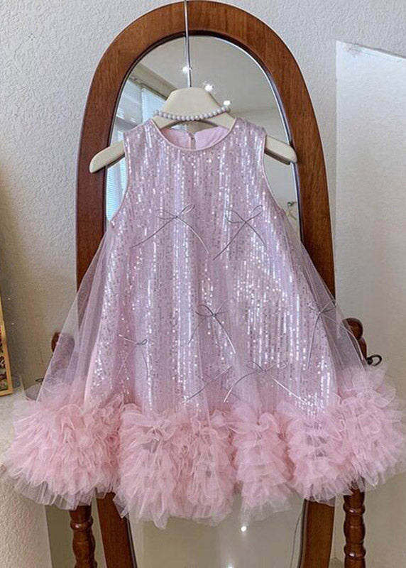 Boutique Pink O-Neck Tulle Kids Long Dress Sleeveless