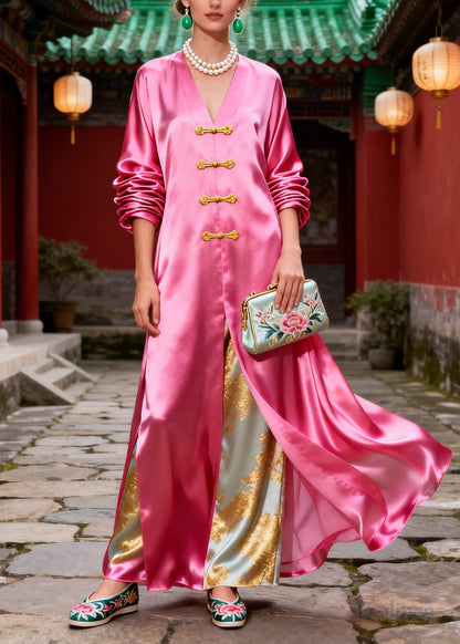 Boutique Pink Oversized Chinese Button Silk Fake Two Piece Dress