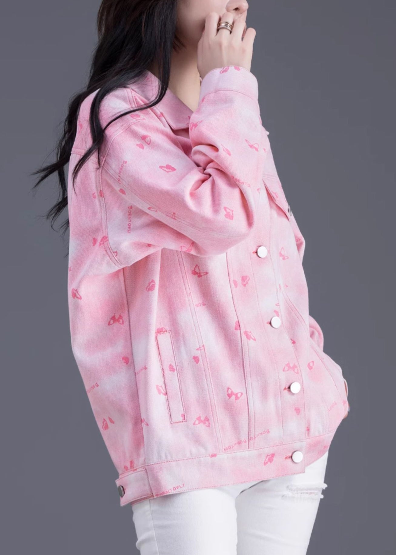 Boutique Pink Oversized Floral Denim Jackets Spring