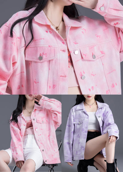 Boutique Pink Oversized Floral Denim Jackets Spring