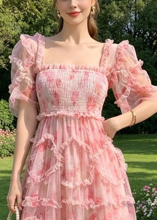 Boutique Pink Ruffled Print Chiffon Vacation Dresses Summer