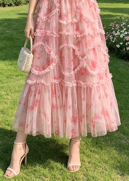 Boutique Pink Ruffled Print Chiffon Vacation Dresses Summer