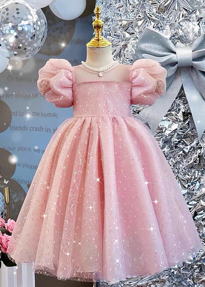 Boutique Pink Sequins Exra Large Hem Tulle Baby Girls Maxi Dress Puff Sleeve