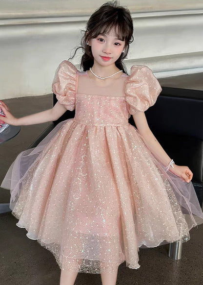 Boutique Pink Sequins Exra Large Hem Tulle Baby Girls Maxi Dress Puff Sleeve