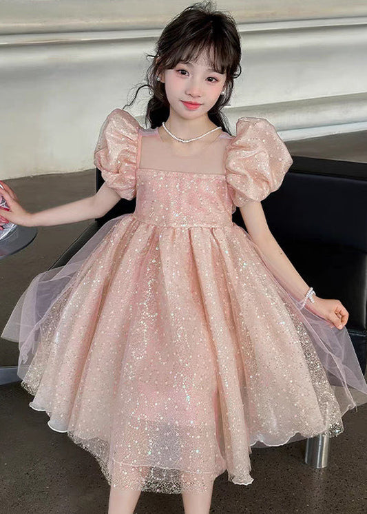Boutique Pink Sequins Exra Large Hem Tulle Baby Girls Maxi Dress Puff Sleeve