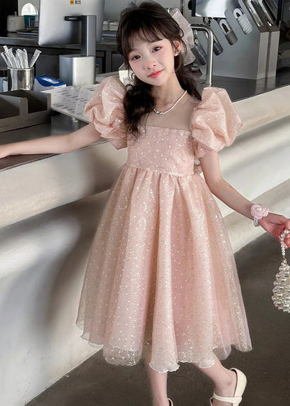 Boutique Pink Sequins Exra Large Hem Tulle Baby Girls Maxi Dress Puff Sleeve
