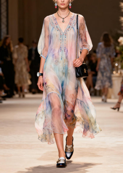 Boutique Pink V Neck Print Chiffon Holiday Dress Summer
