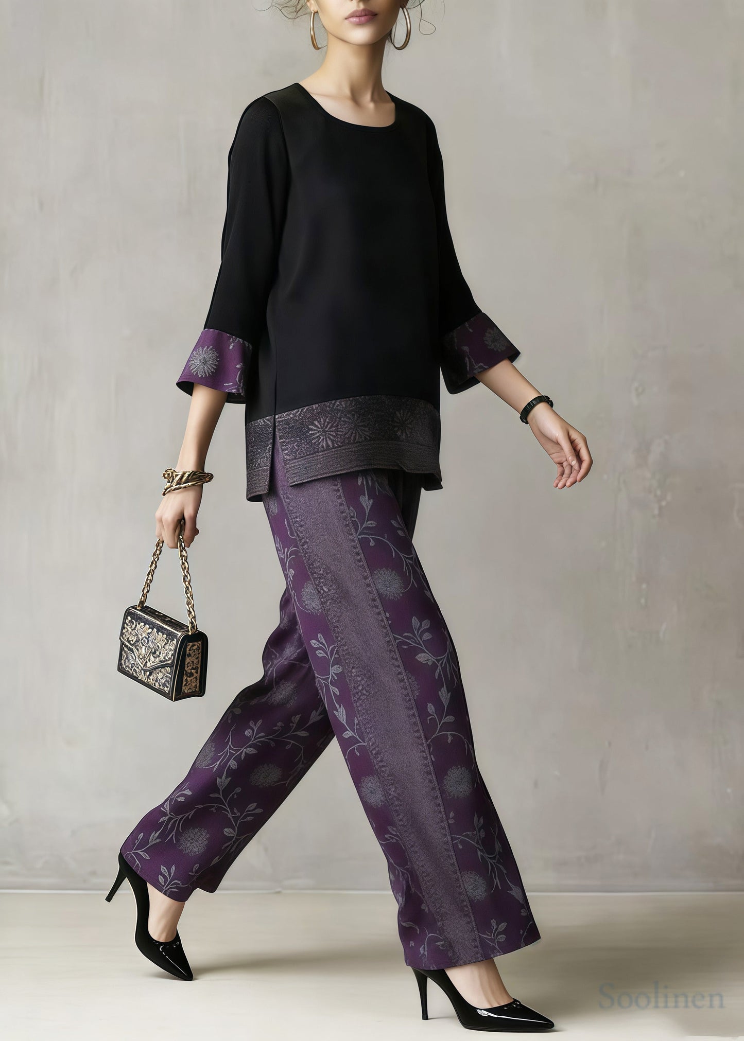 Boutique Purple Jacquard Patchwork Silk Two Pieces Set Summer