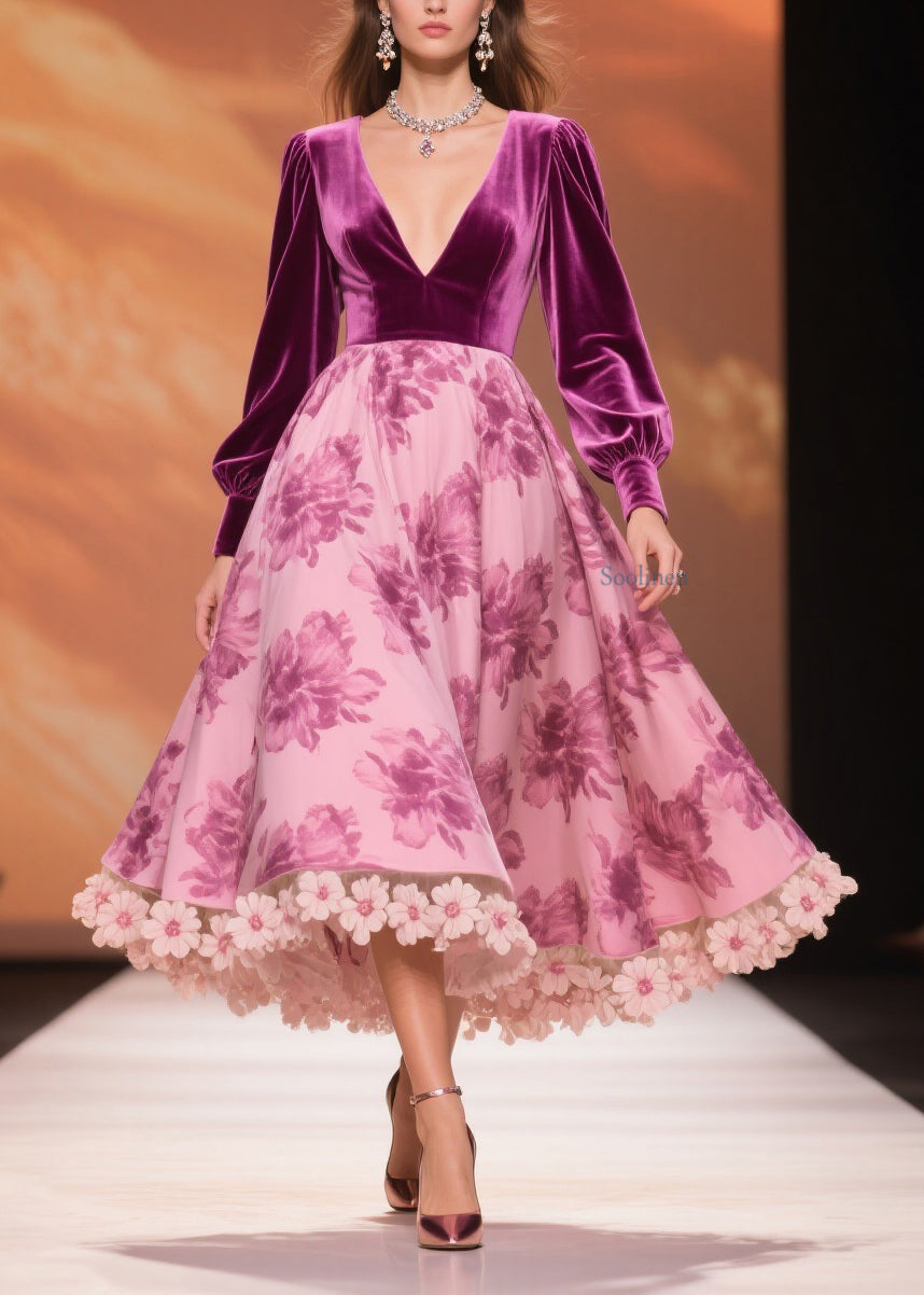 Boutique Purple Print Floral Patchwork Silk Velvet Party Dress Spring