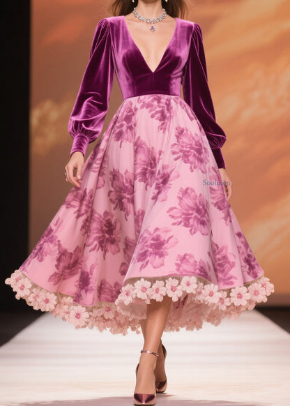Boutique Purple Print Floral Patchwork Silk Velvet Party Dress Spring