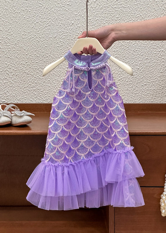 Boutique Purple Stand Collar Sequins Tulle Kids Long Dress Sleeveless