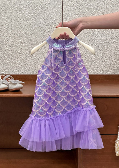 Boutique Purple Stand Collar Sequins Tulle Kids Long Dress Sleeveless