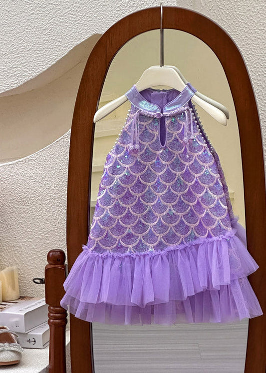 Boutique Purple Stand Collar Sequins Tulle Kids Long Dress Sleeveless