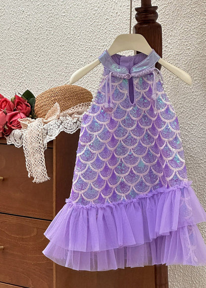 Boutique Purple Stand Collar Sequins Tulle Kids Long Dress Sleeveless