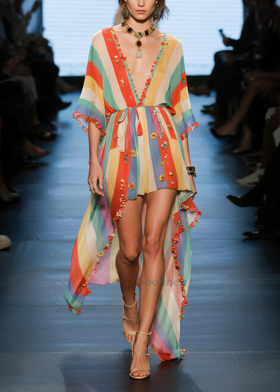 Boutique Rainbow Asymmetrical Floral Chiffon Holiday Dress Summer