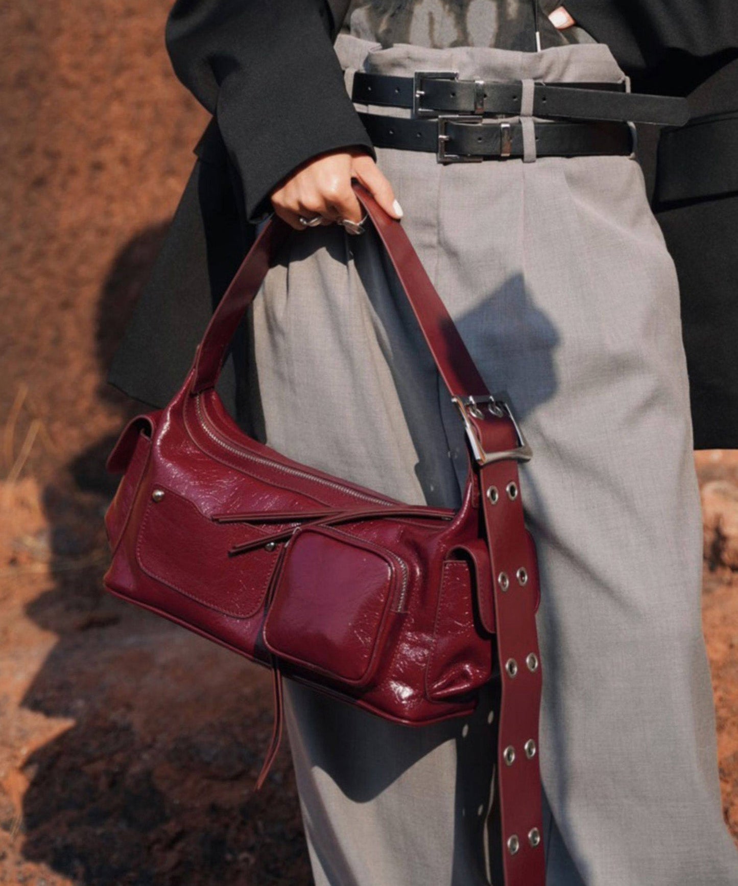 Boutique Red Pockets Durable Calf Leather Hobo Bag