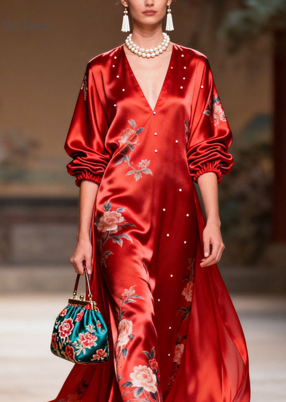 Boutique Red V Neck Nail Bead Print Silk Robe Dresses Summer